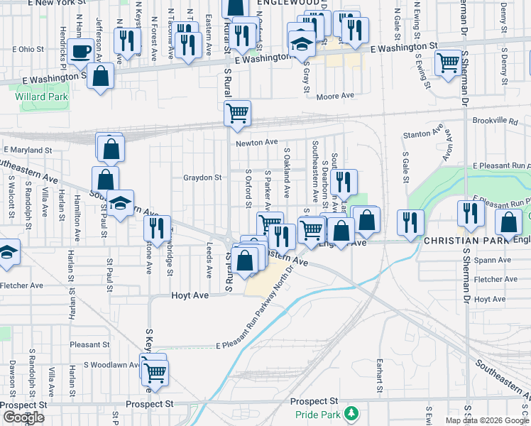 map of restaurants, bars, coffee shops, grocery stores, and more near 339 South Parker Avenue in Indianapolis
