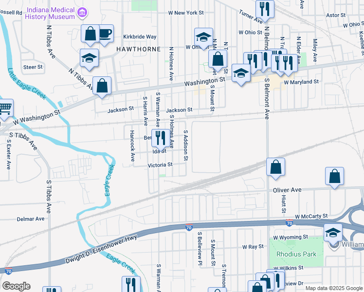 map of restaurants, bars, coffee shops, grocery stores, and more near 301 South Holmes Avenue in Indianapolis