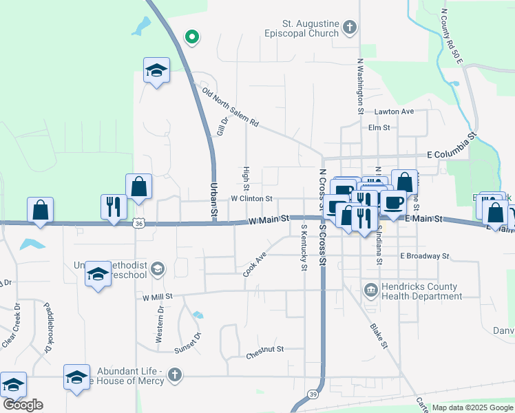 map of restaurants, bars, coffee shops, grocery stores, and more near 166 East Street in Danville