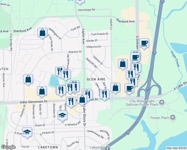 map of restaurants, bars, coffee shops, grocery stores, and more near 94 Glen Aire Drive in Springfield