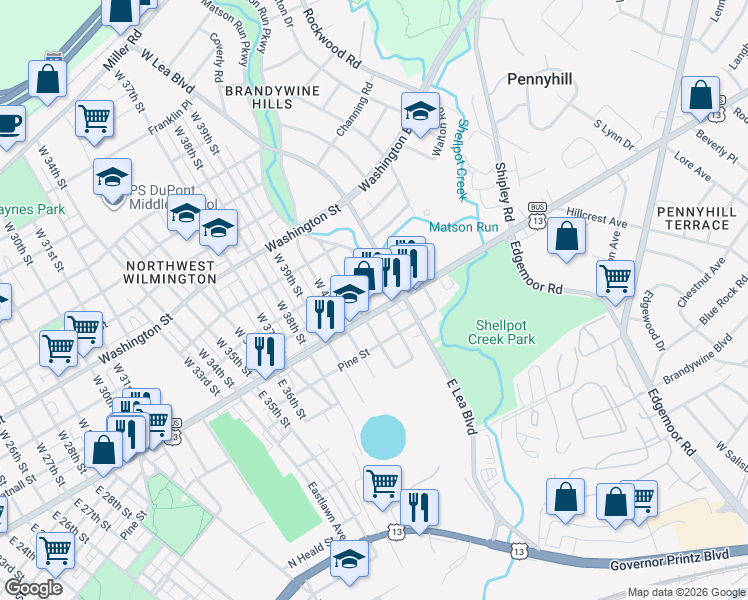map of restaurants, bars, coffee shops, grocery stores, and more near 4111 North Market Street in Wilmington