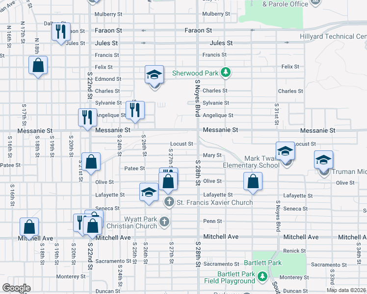 map of restaurants, bars, coffee shops, grocery stores, and more near 2717 Locust Street in Saint Joseph