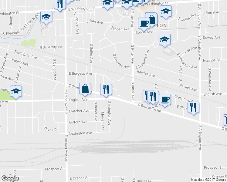 map of restaurants, bars, coffee shops, grocery stores, and more near 5413 South Greenfield Avenue in Indianapolis