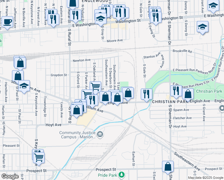 map of restaurants, bars, coffee shops, grocery stores, and more near 349 South Dearborn Street in Indianapolis