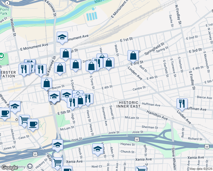 map of restaurants, bars, coffee shops, grocery stores, and more near 1717 East 4th Street in Dayton