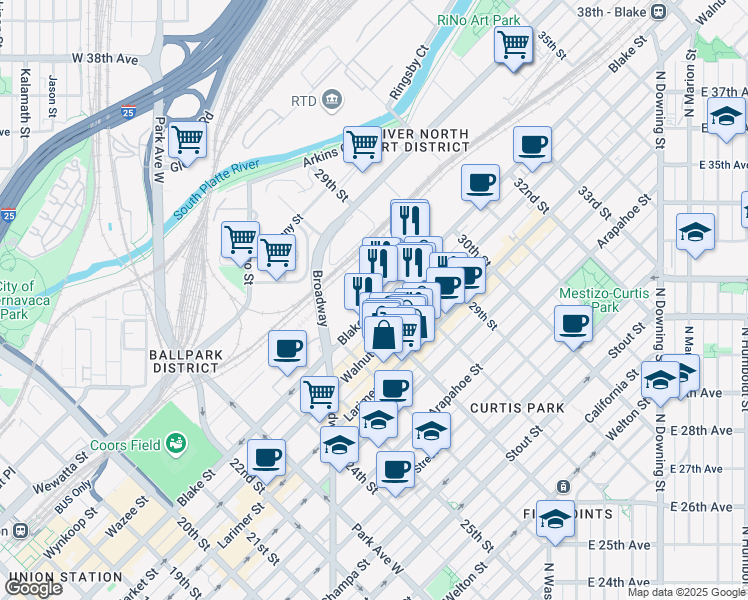 map of restaurants, bars, coffee shops, grocery stores, and more near 2715 Blake Street in Denver