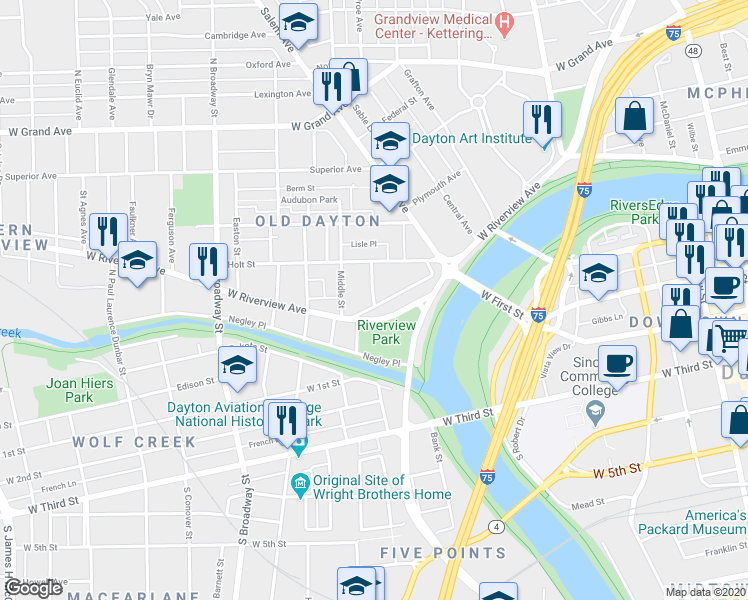 map of restaurants, bars, coffee shops, grocery stores, and more near Dayton Avenue in Dayton