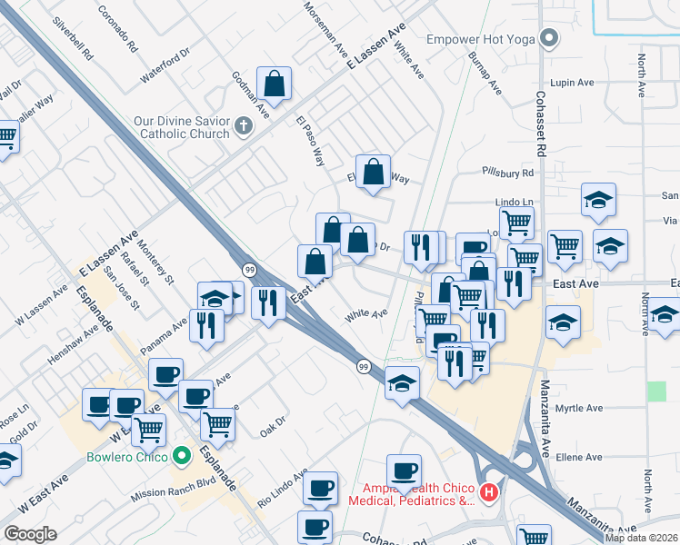 map of restaurants, bars, coffee shops, grocery stores, and more near in Chico