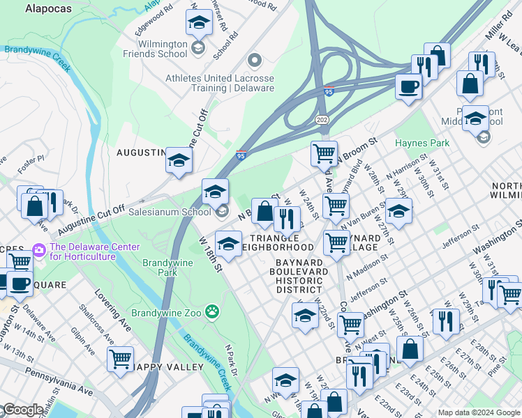 map of restaurants, bars, coffee shops, grocery stores, and more near 910 West 22nd Street in Wilmington