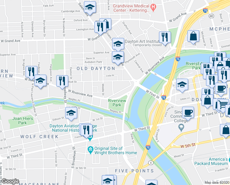 map of restaurants, bars, coffee shops, grocery stores, and more near 0 Dayton Avenue in Dayton