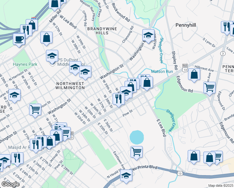 map of restaurants, bars, coffee shops, grocery stores, and more near 32 West 40th Street in Wilmington