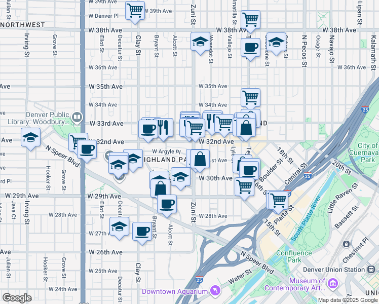 map of restaurants, bars, coffee shops, grocery stores, and more near 3119 Zuni Street in Denver