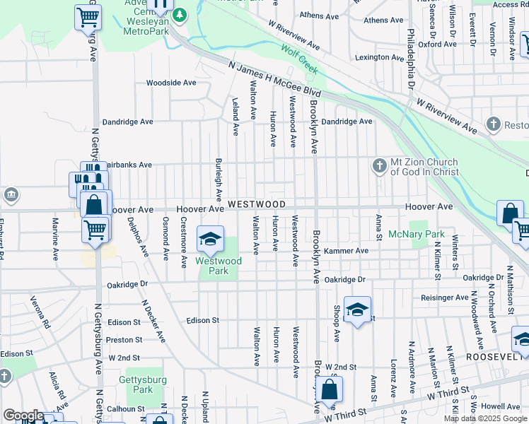 map of restaurants, bars, coffee shops, grocery stores, and more near 3216 Hoover Avenue in Dayton