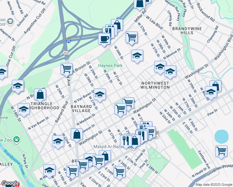 map of restaurants, bars, coffee shops, grocery stores, and more near 590 West 30th Street in Wilmington