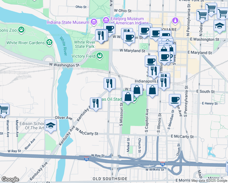 map of restaurants, bars, coffee shops, grocery stores, and more near 340 S Missouri St in Indianapolis