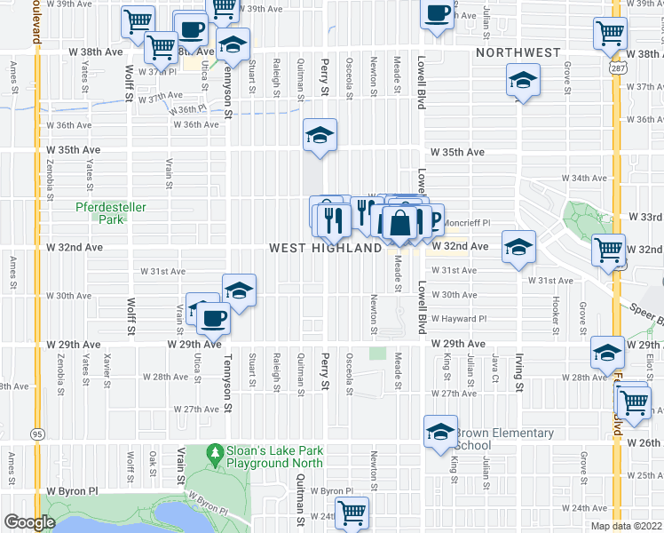 map of restaurants, bars, coffee shops, grocery stores, and more near 3102 Perry Street in Denver