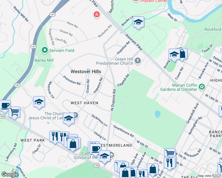 map of restaurants, bars, coffee shops, grocery stores, and more near 800 Edgehill Road in Wilmington