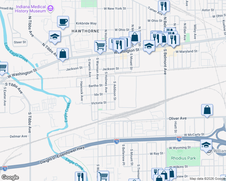 map of restaurants, bars, coffee shops, grocery stores, and more near 301 South Holmes Avenue in Indianapolis