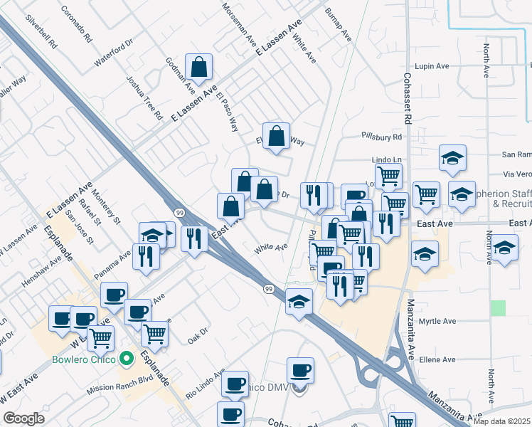 map of restaurants, bars, coffee shops, grocery stores, and more near 575 East Avenue in Chico