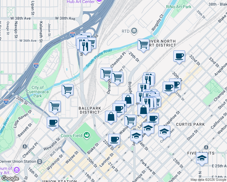 map of restaurants, bars, coffee shops, grocery stores, and more near 2520 Wewatta Way in Denver