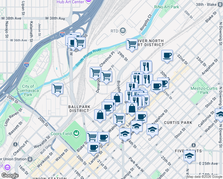 map of restaurants, bars, coffee shops, grocery stores, and more near 2600 Wewatta Way in Denver