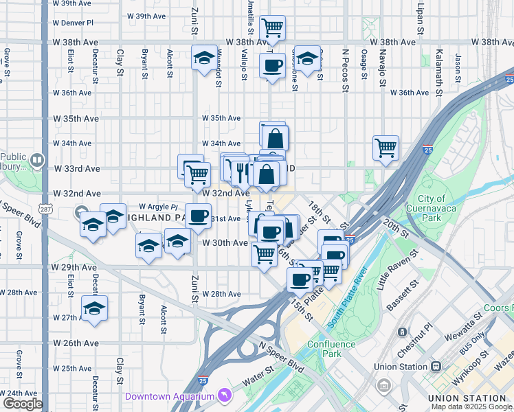 map of restaurants, bars, coffee shops, grocery stores, and more near in Denver