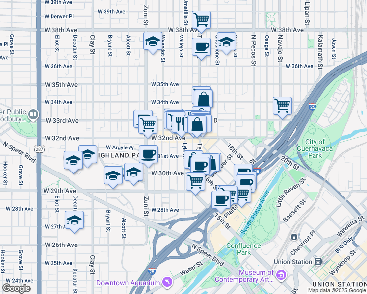 map of restaurants, bars, coffee shops, grocery stores, and more near in Denver