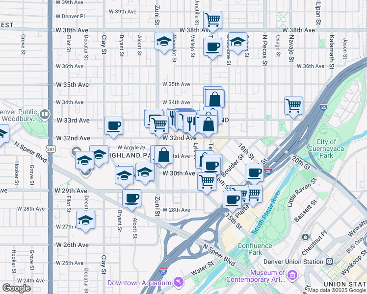 map of restaurants, bars, coffee shops, grocery stores, and more near 2235 West 32nd Avenue in Denver
