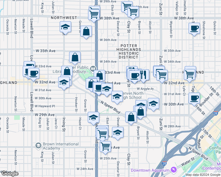map of restaurants, bars, coffee shops, grocery stores, and more near in Denver