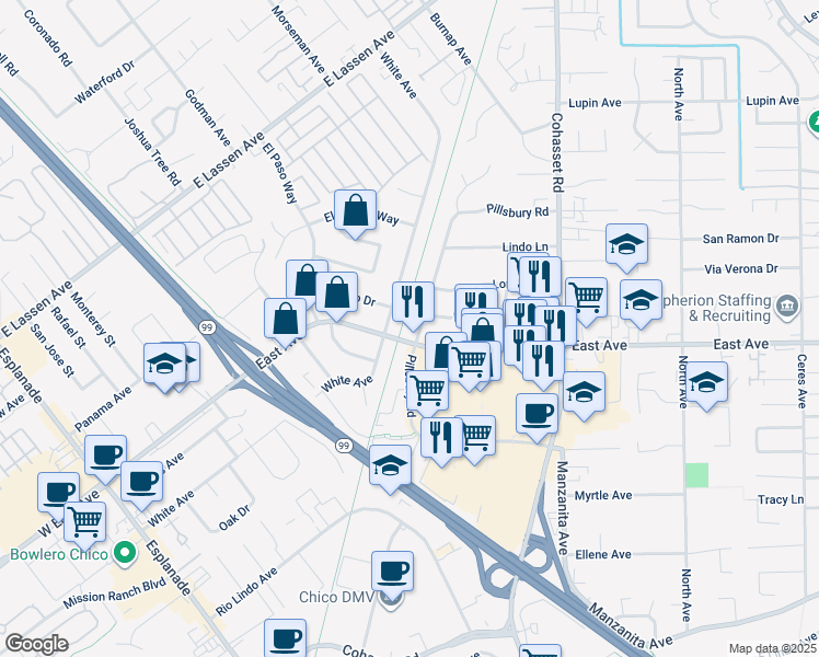 map of restaurants, bars, coffee shops, grocery stores, and more near 2532 White Avenue in Chico