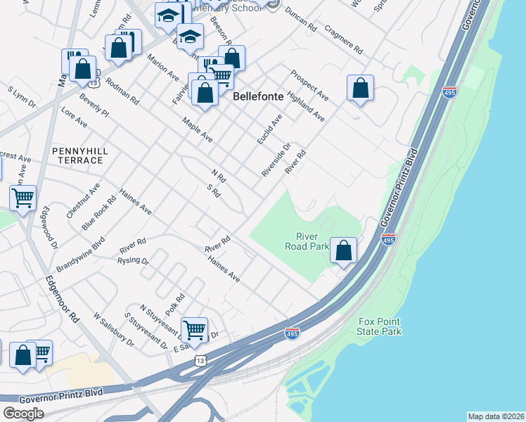 map of restaurants, bars, coffee shops, grocery stores, and more near 698 River Road in Wilmington