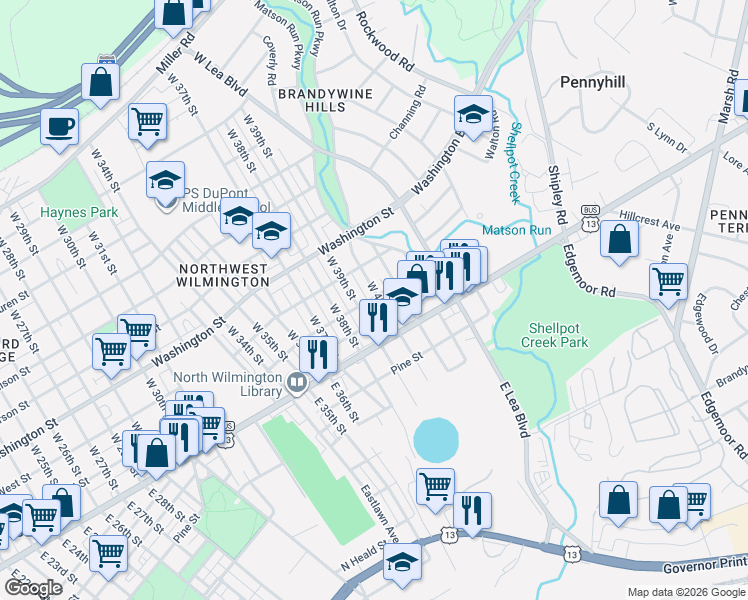 map of restaurants, bars, coffee shops, grocery stores, and more near 102 West 41st Street in Wilmington