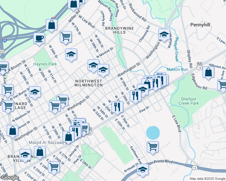 map of restaurants, bars, coffee shops, grocery stores, and more near 206 West 38th Street in Wilmington