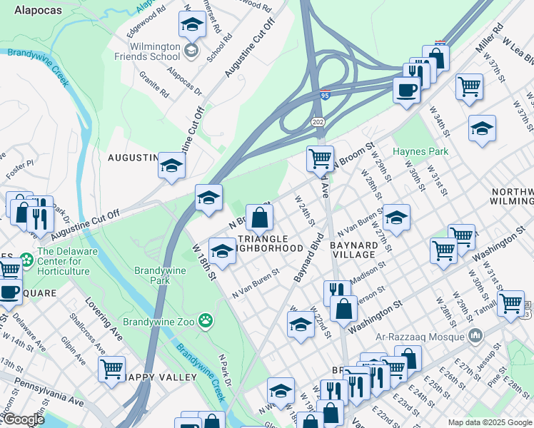 map of restaurants, bars, coffee shops, grocery stores, and more near in Wilmington