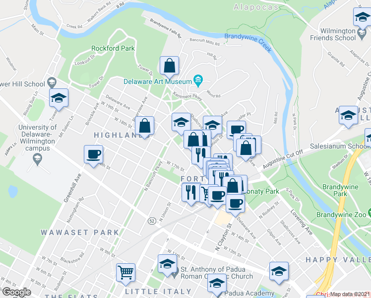 map of restaurants, bars, coffee shops, grocery stores, and more near 2100 Gilpin Avenue in Wilmington