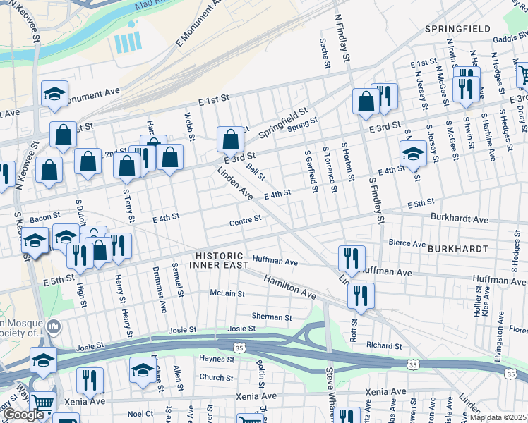 map of restaurants, bars, coffee shops, grocery stores, and more near 102 Linden Avenue in Dayton
