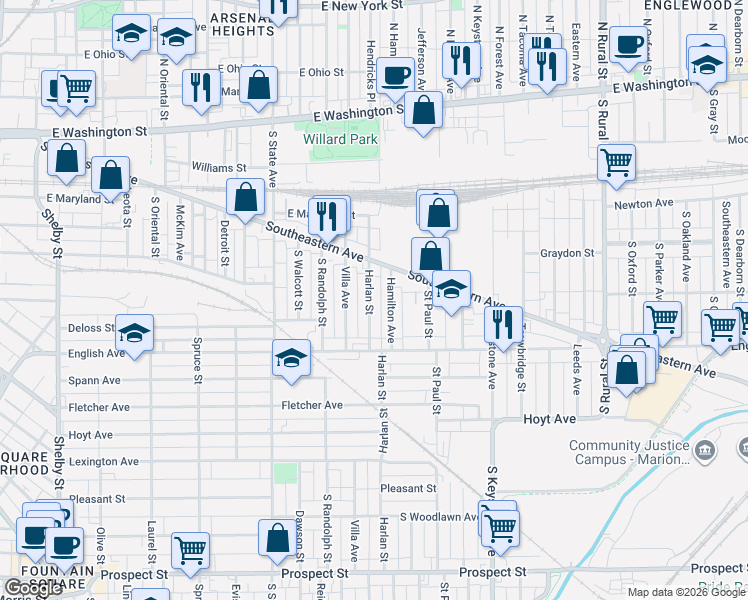 map of restaurants, bars, coffee shops, grocery stores, and more near 311 Villa Avenue in Indianapolis