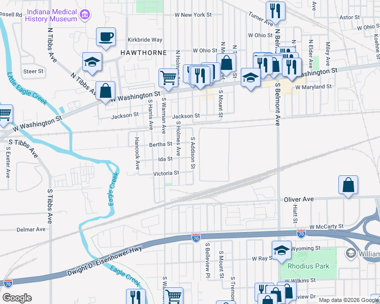 map of restaurants, bars, coffee shops, grocery stores, and more near 301 South Holmes Avenue in Indianapolis