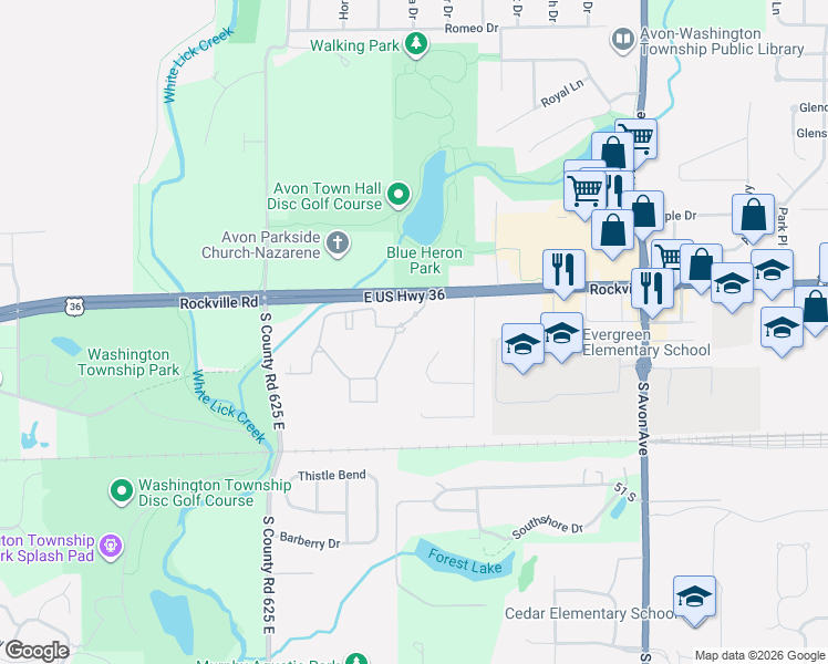 map of restaurants, bars, coffee shops, grocery stores, and more near 0 Avon Parkway in Avon