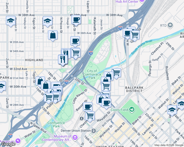 map of restaurants, bars, coffee shops, grocery stores, and more near 3500 Rockmont Drive in Denver
