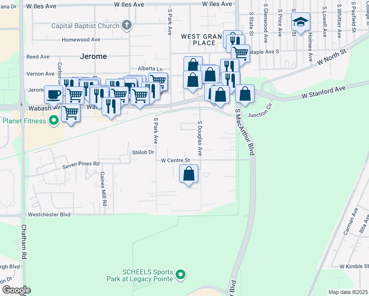 map of restaurants, bars, coffee shops, grocery stores, and more near 11 Douglas Court in Springfield
