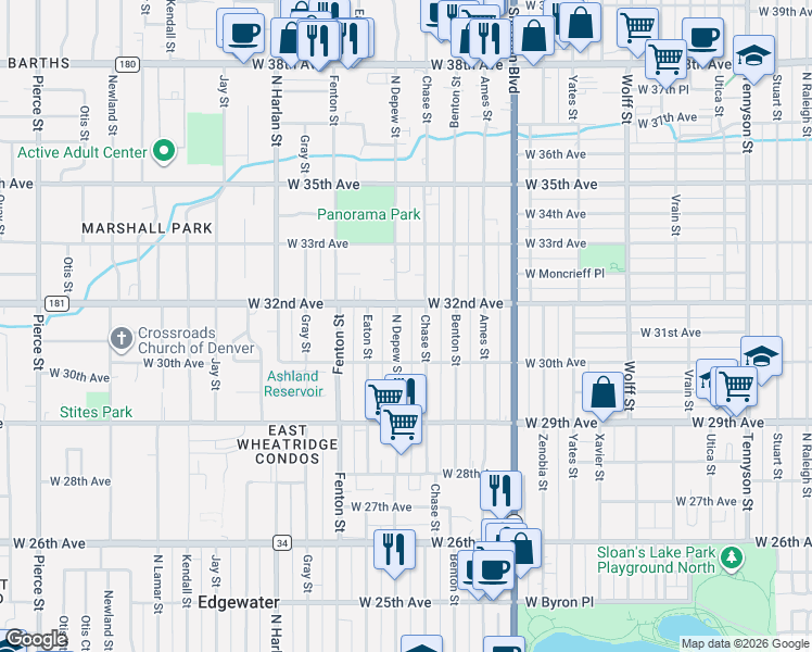 map of restaurants, bars, coffee shops, grocery stores, and more near 3195 Chase Street in Wheat Ridge