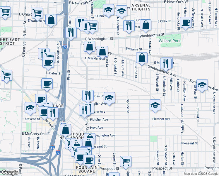 map of restaurants, bars, coffee shops, grocery stores, and more near 1319 Bates Street in Indianapolis