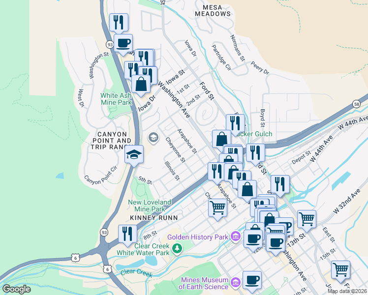map of restaurants, bars, coffee shops, grocery stores, and more near 314 Arapahoe Street in Golden