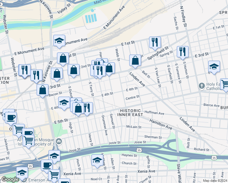 map of restaurants, bars, coffee shops, grocery stores, and more near 1805 East 4th Street in Dayton