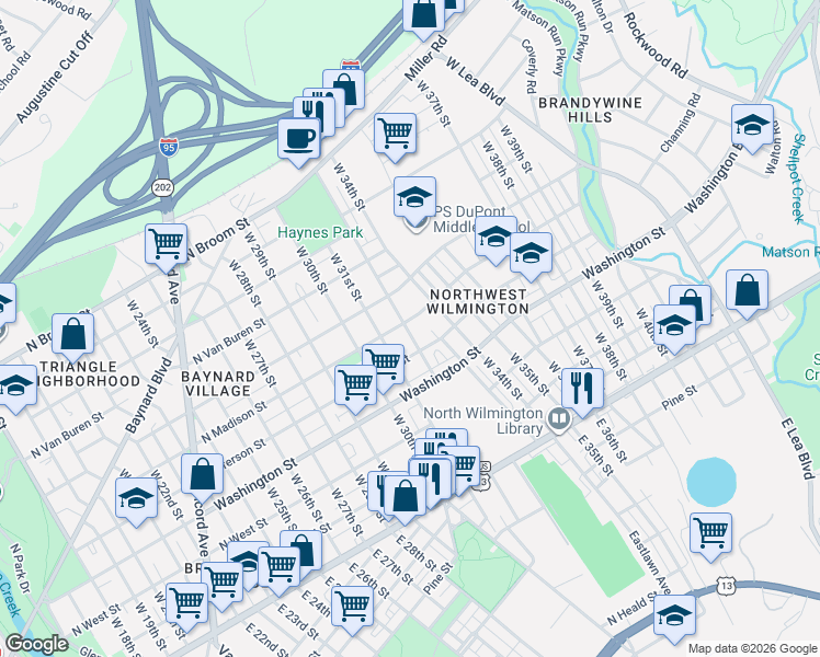 map of restaurants, bars, coffee shops, grocery stores, and more near 3310 North Madison Street in Wilmington