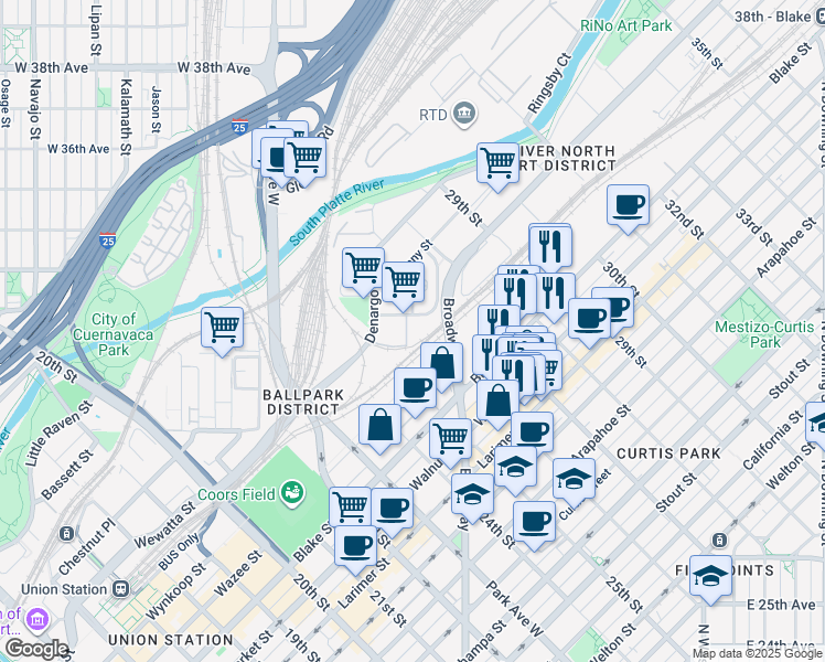 map of restaurants, bars, coffee shops, grocery stores, and more near 2901 Broadway in Denver