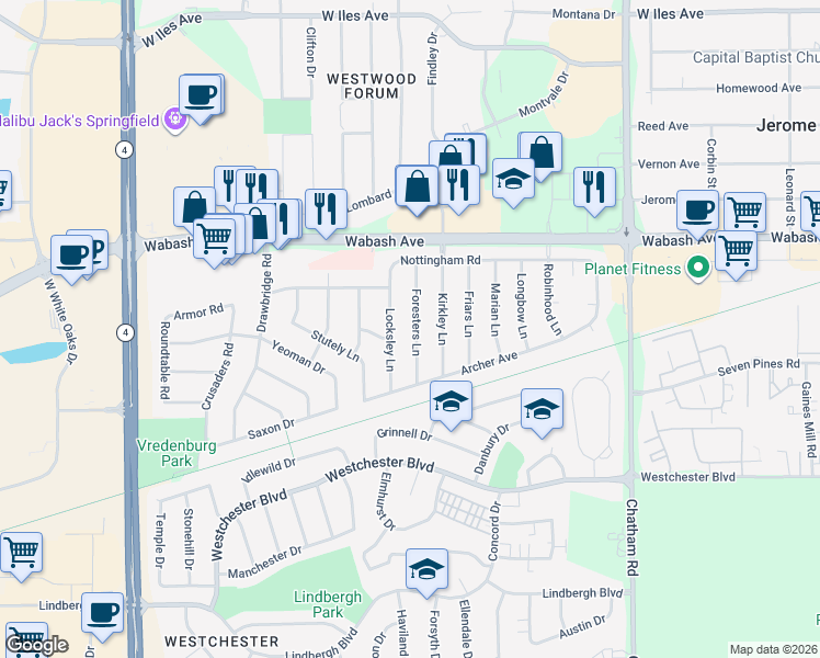 map of restaurants, bars, coffee shops, grocery stores, and more near 37 Foresters Ln in Springfield
