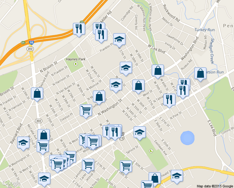 map of restaurants, bars, coffee shops, grocery stores, and more near 315 West 34th Street in Wilmington