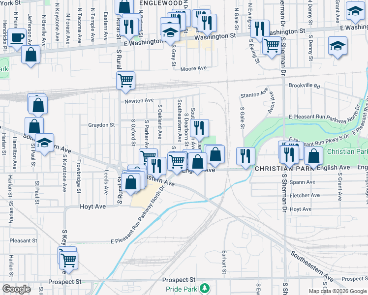 map of restaurants, bars, coffee shops, grocery stores, and more near 349 South Dearborn Street in Indianapolis
